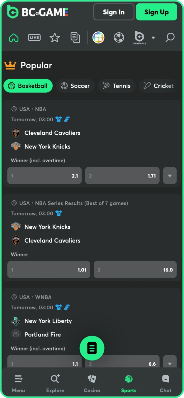 Bet on popular sports tournaments at BC Game app.