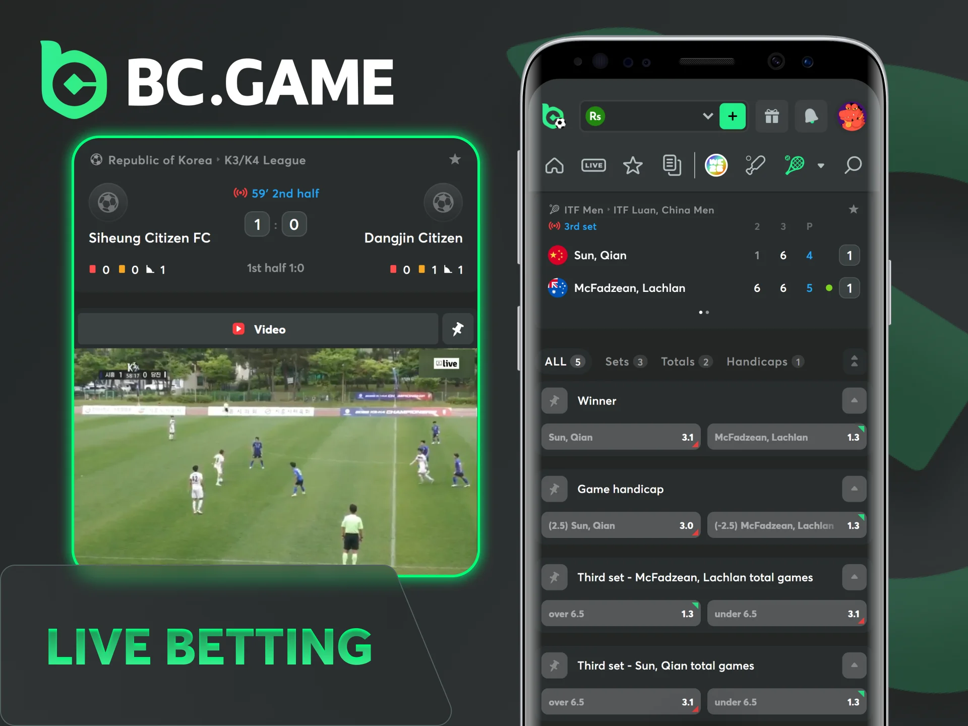 Try live betting features in the modern BC Game App.