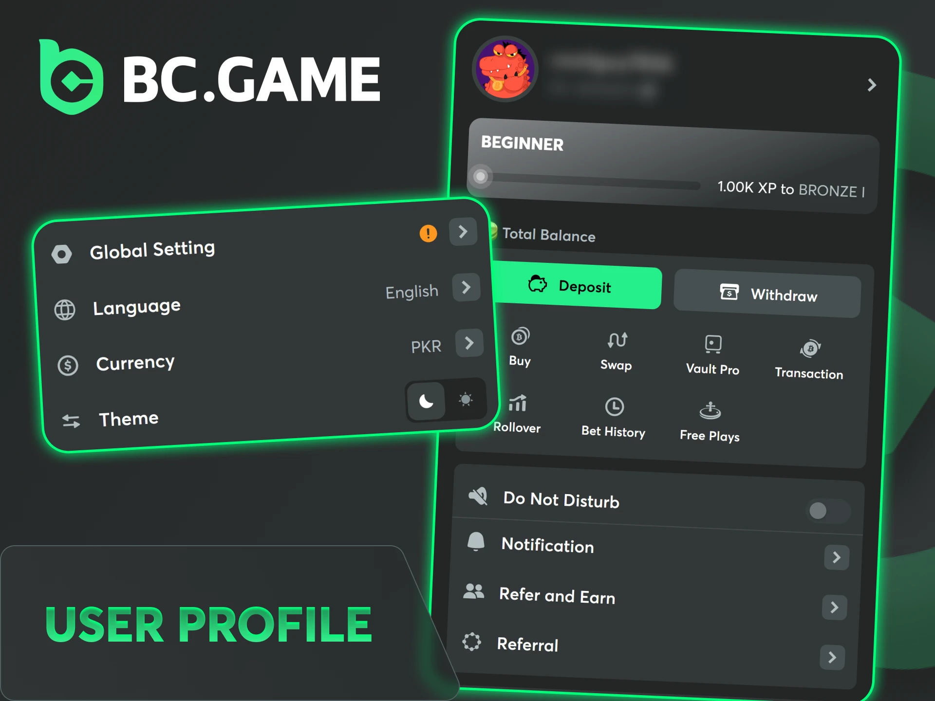 Manage your personal user profile features inside the BC Game App.