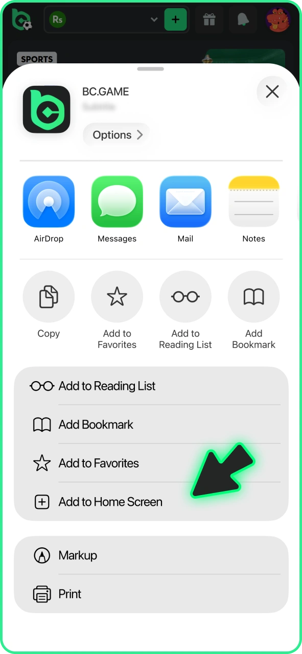 Add BC Game to home screen for iOS PWA app.