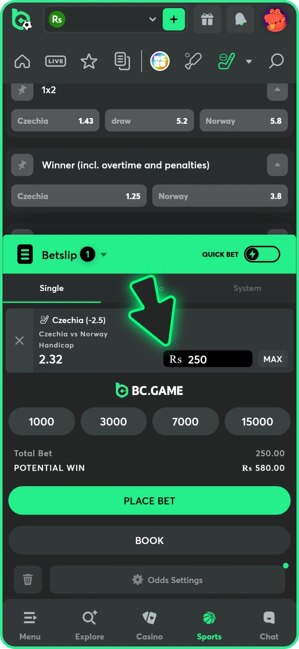Enter your stake to place bet on BC Game sportsbook.