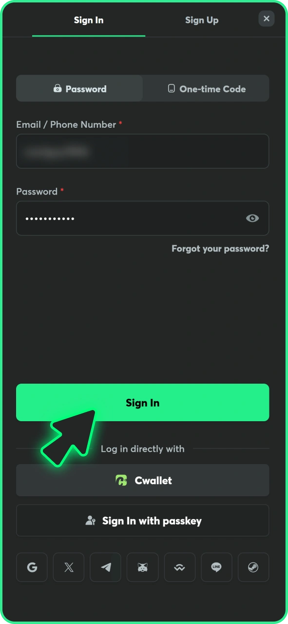 Press sign in button to log into your BC Game account.