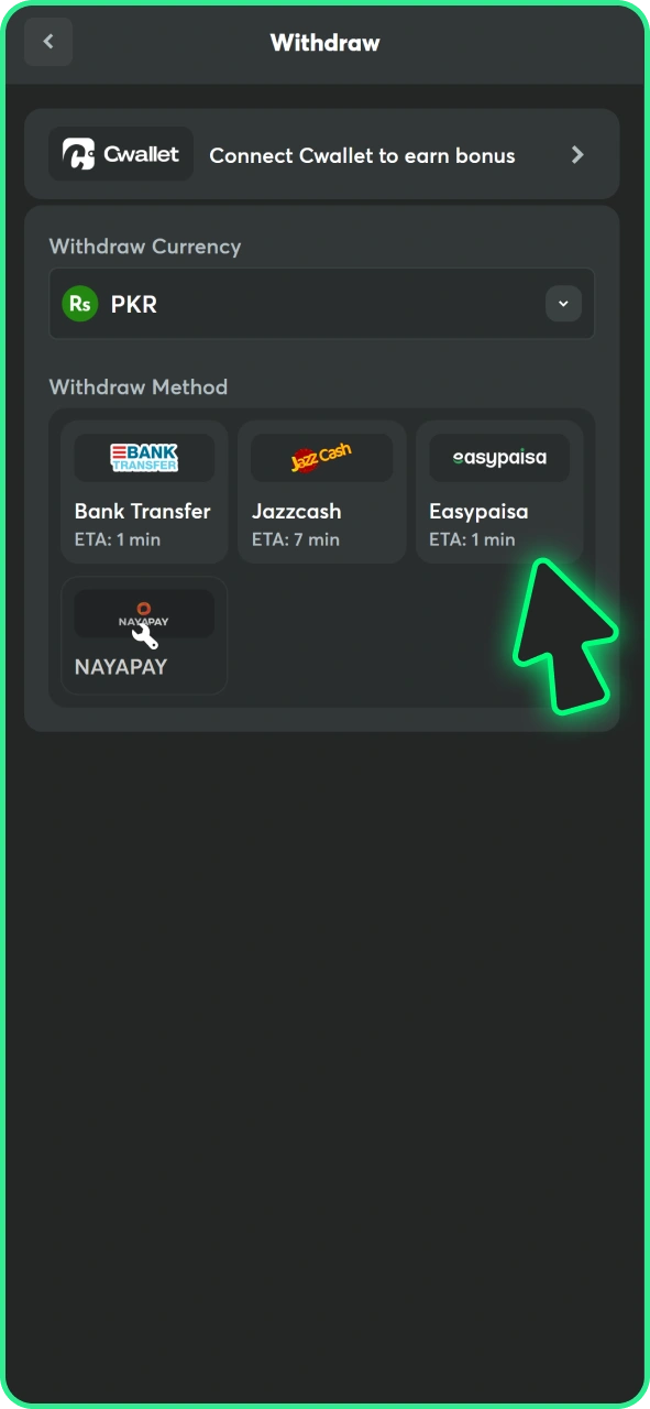 Choose withdrawal method at your BC Game account.