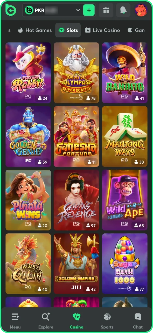 Navigate to the BC Game slots section.