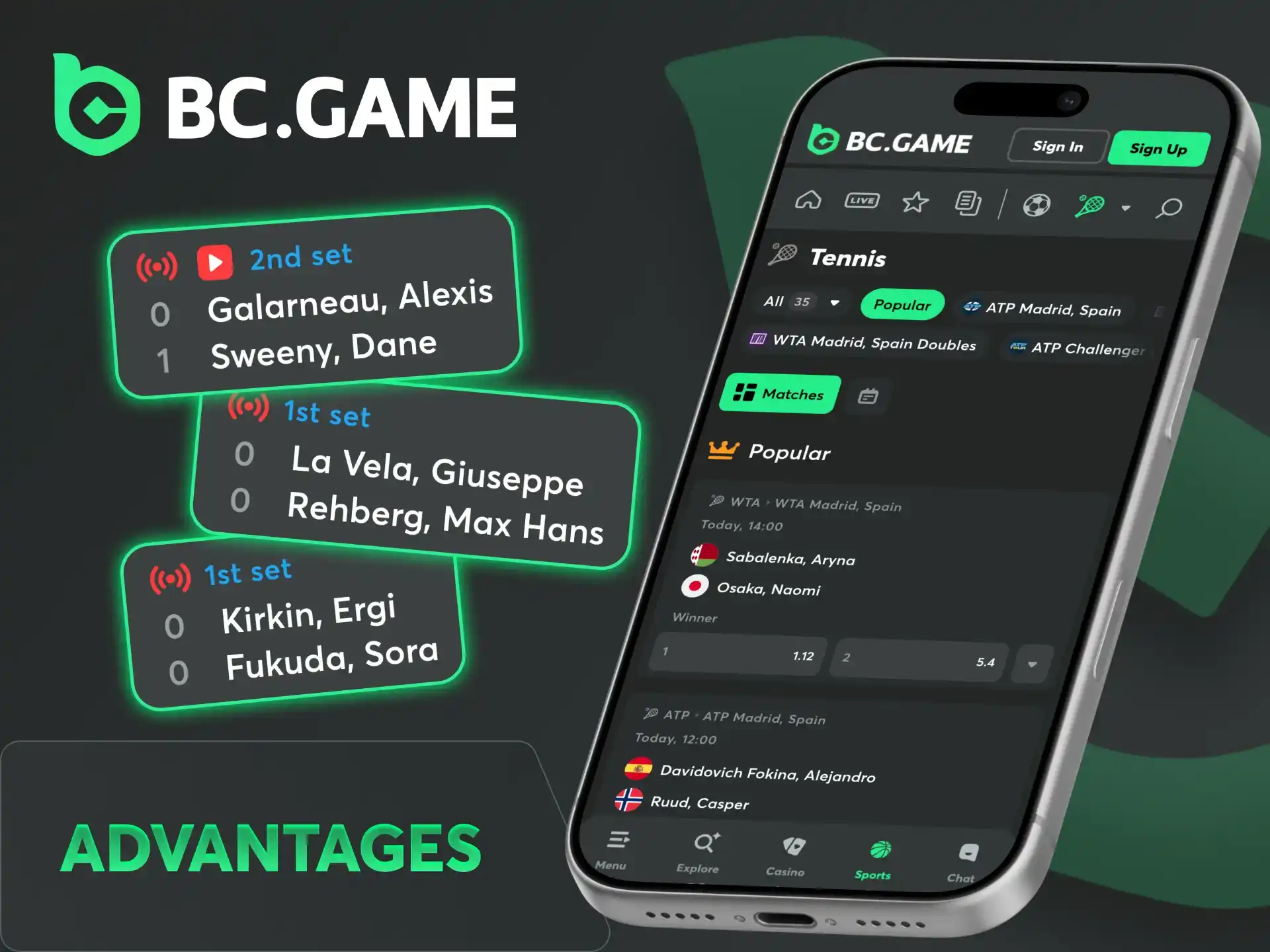 BC Game tennis betting gives you a lot of advantages.