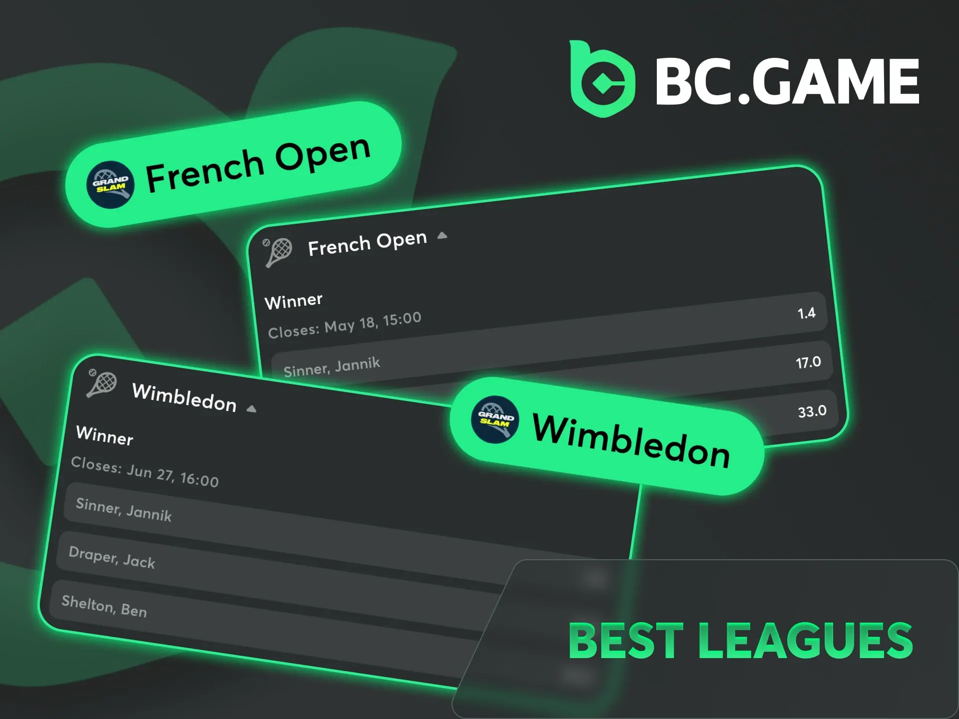 Bet on various popular tennis leagues at BC Game platform.